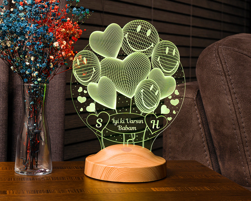 Babalar Günü Hediyesi Smiley Kalpler Babaya Hediye 3 Boyutlu Led Lamba