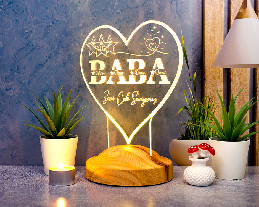 Babalar Günü Hediyesi, Kişiye Özel Babaya Hediye İsim Yazılı Kalp Şeklinde Led Lamba, Gece Lambası