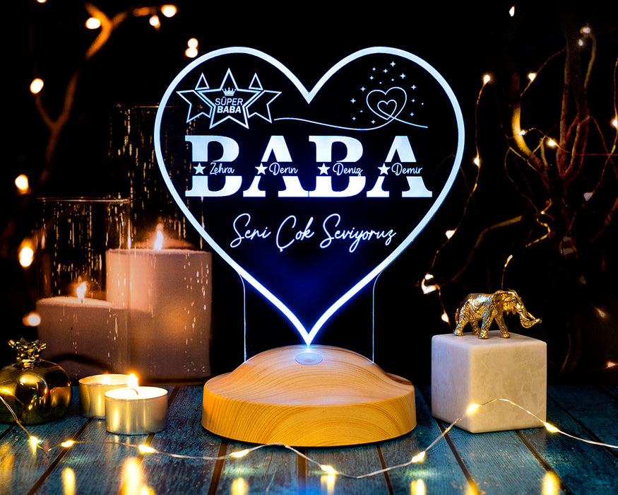 Babalar Günü Hediyesi, Kişiye Özel Babaya Hediye İsim Yazılı Kalp Şeklinde Led Lamba, Gece Lambası