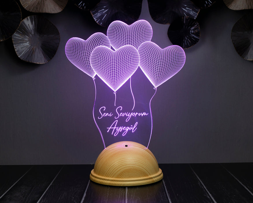 Sevgili Hediyesi Kişiye Özel 3 Boyutlu Kalpler Led Lamba