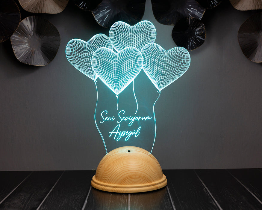 Sevgili Hediyesi Kişiye Özel 3 Boyutlu Kalpler Led Lamba