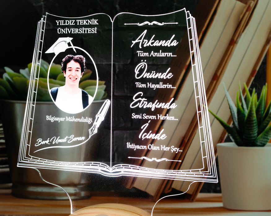 Fotoğraflı Mezuniyet Hediyesi LED Kitap Lamba / Kişiye Özel Resimli Kitap Mezuniyet Hediyesi / Okul Mezuniyetine Özel Fotoğraflı Hediye