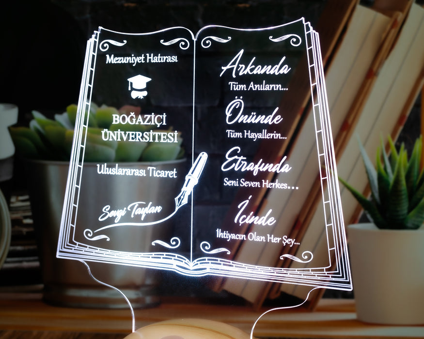 Mezuniyet Hediyesi LED Kitap Lamba / Kişiye Özel Kitap Mezuniyet Hediyesi / Okul Mezuniyetine Özel Hediye