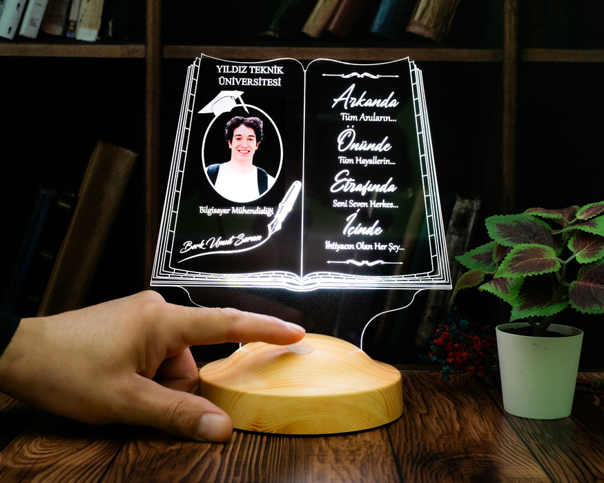 Fotoğraflı Mezuniyet Hediyesi LED Kitap Lamba / Kişiye Özel Resimli Kitap Mezuniyet Hediyesi / Okul Mezuniyetine Özel Fotoğraflı Hediye