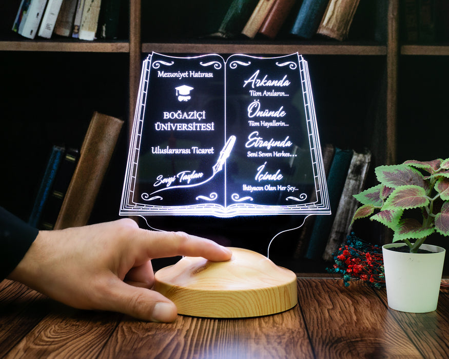 Mezuniyet Hediyesi LED Kitap Lamba / Kişiye Özel Kitap Mezuniyet Hediyesi / Okul Mezuniyetine Özel Hediye