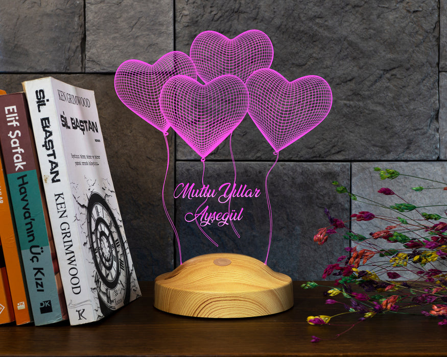 Yeni Yıl Hediyesi, Yılbaşı Hediyesi Klasik Kalpler Kişiye Özel 3D Led Lamba
