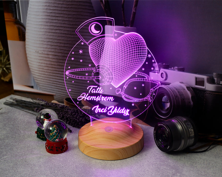 Hemşireye Hediye, Hemşireler Günü Özel İsimli 3D Led Lamba, Tatlı Hemşire Dekoratif Hediye
