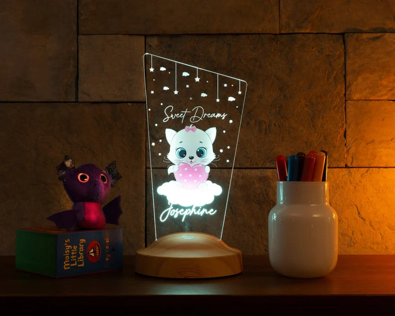 Pembe Kitty Kedicik Bebek Odası Gece Lambası Dekoru, İsimli Çocuklar İçin Şirin Kedili Hediye, Kız Çocuk Odasına Özel Hediye, Tatlı Kedi Tasarımlı Led Lamba