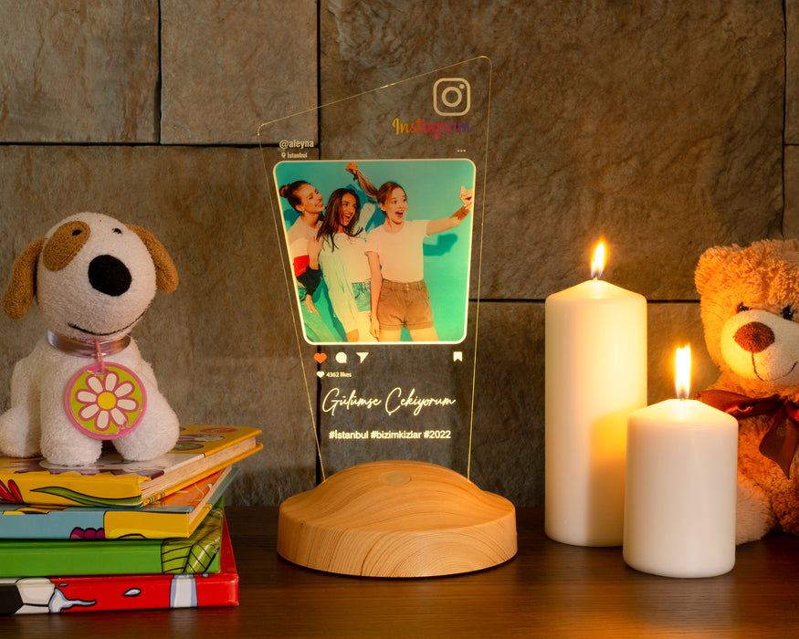 İnstagram Post Fotoğraflı Kişiye Özel Resimli Gece Lambası, 3D Led Lamba, Arkadaş Hediyesi İnstagram Çerçeve