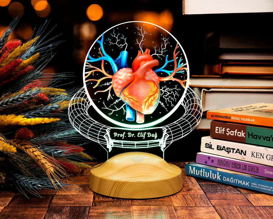 Kardiyolog ve Kalp Doktoruna Özel İsimli Hediye -Kalp Damar Temalı 3D LED Lamba