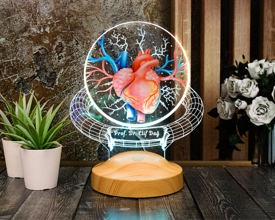 Kardiyolog ve Kalp Doktoruna Özel İsimli Hediye -Kalp Damar Temalı 3D LED Lamba