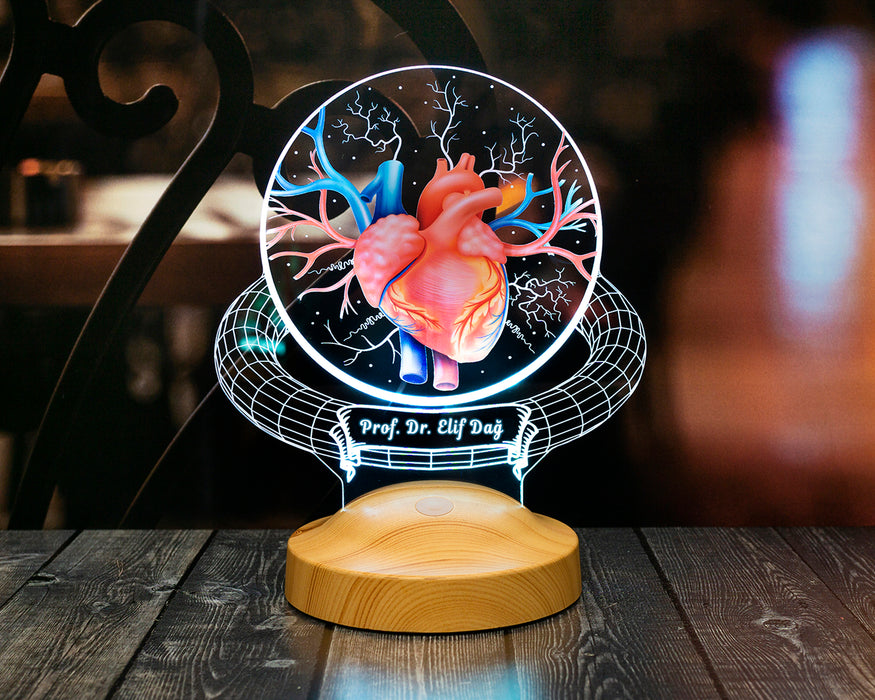 Kardiyolog ve Kalp Doktoruna Özel İsimli Hediye -Kalp Damar Temalı 3D LED Lamba