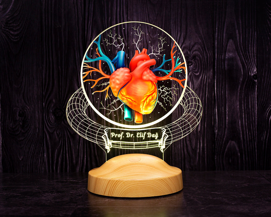 Kardiyolog ve Kalp Doktoruna Özel İsimli Hediye -Kalp Damar Temalı 3D LED Lamba
