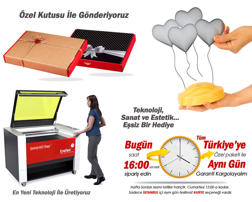 Doğum Günü Hediyesi Kalpli, Uçan Kalpler Kişiye Özel 3D Led Lamba