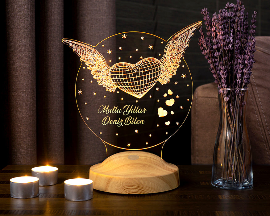 Yeni Yıl Hediyesi, Yılbaşı Hediyesi, Mutlu Yıllar Hediyesi Kanatlı Kalp Led Lamba