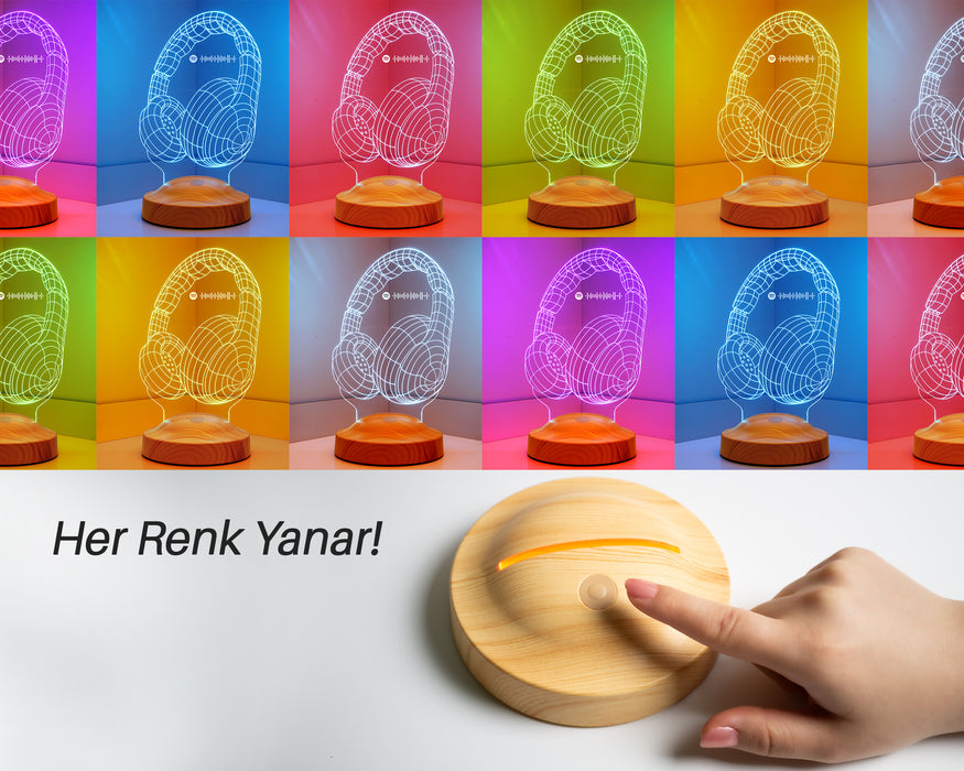 Doğum Günü Hediyesi Spotify Barkod Paylaşımlı Kulaklık Şeklinde Kişiye Özel 3D LED Lamba