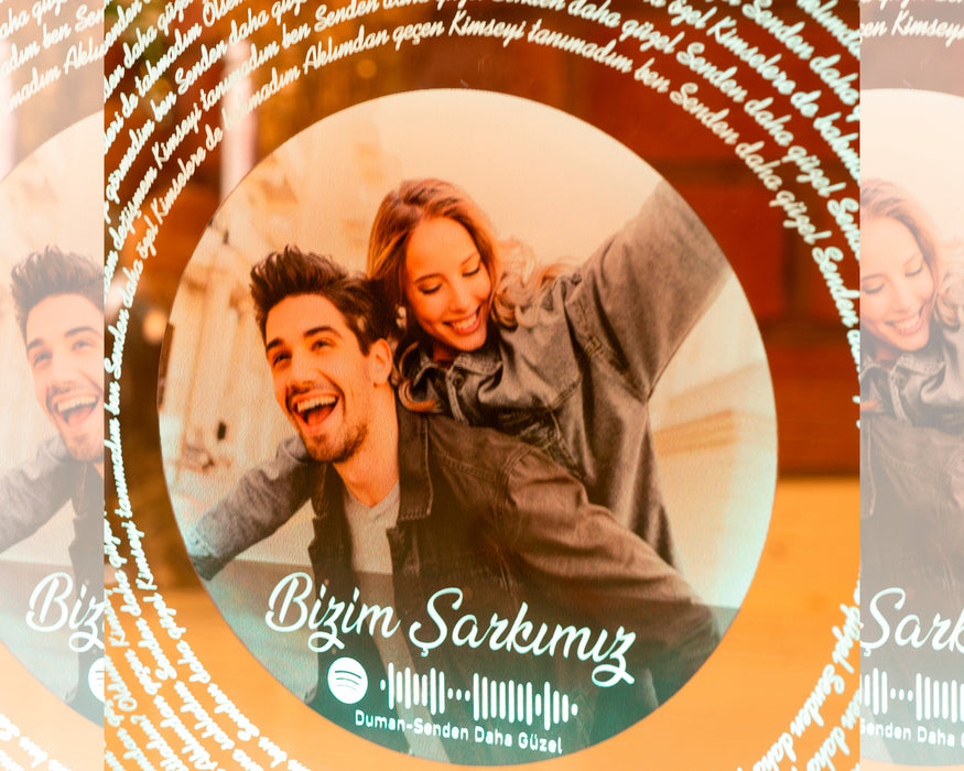 Spotify Kodlu Kendi Fotoğrafın ve Tüm Şarkı Sözü ile Led Lamba Şarkı Metinli ve İsimli Kişiye Özel Plak Formlu Fotoğraflı Kişiselleştirilmiş Hediye