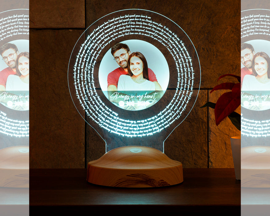 Spotify Kodlu Kendi Fotoğrafın ve Tüm Şarkı Sözü ile Led Lamba Şarkı Metinli ve İsimli Kişiye Özel Plak Formlu Fotoğraflı Kişiselleştirilmiş Hediye