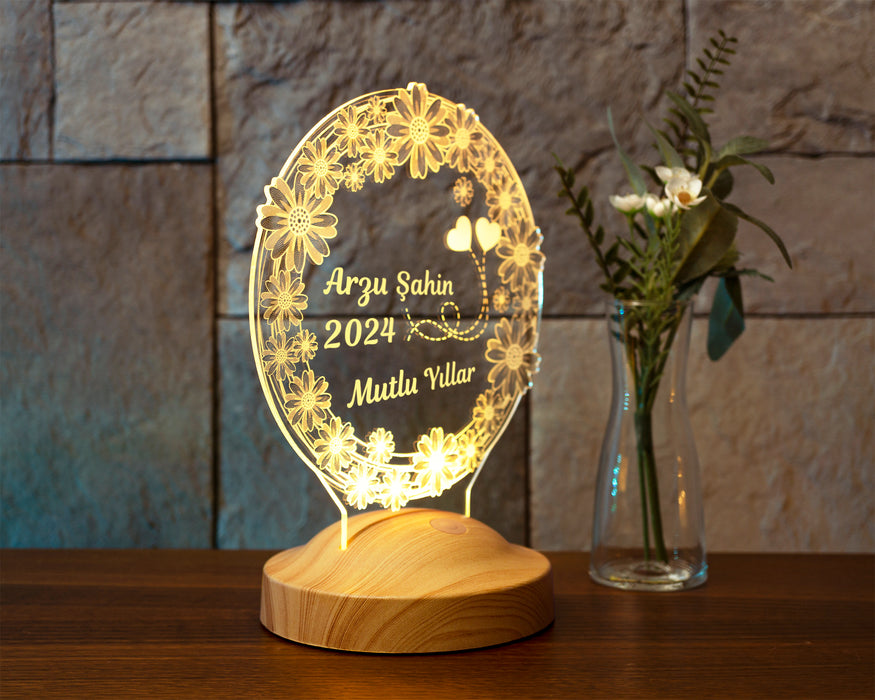 Yılbaşı Papatya Çiçek Hediyesi, Yeni Yıl Mutlu Yıllar Hediyesi, Papatya 3D Led Lamba
