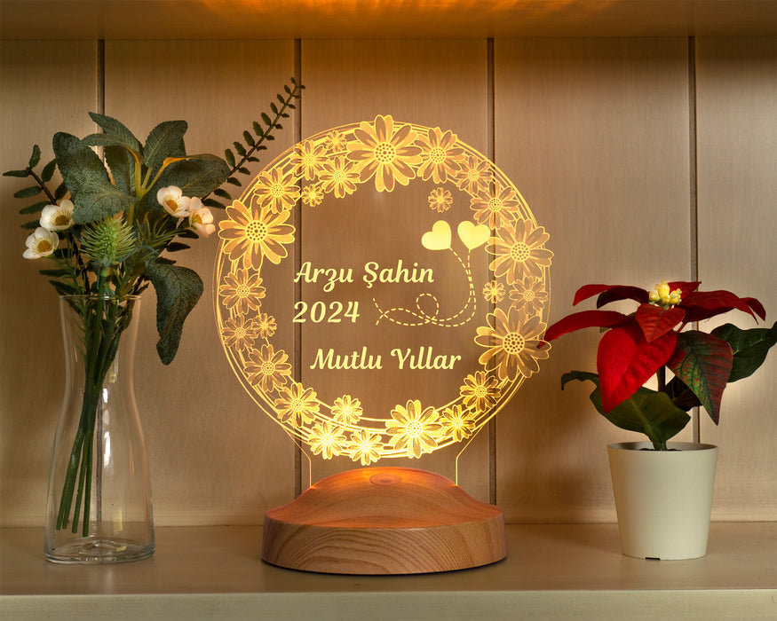 Yılbaşı Papatya Çiçek Hediyesi, Yeni Yıl Mutlu Yıllar Hediyesi, Papatya 3D Led Lamba