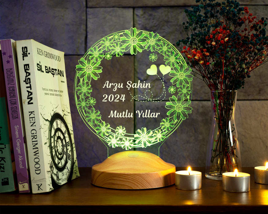 Yılbaşı Papatya Çiçek Hediyesi, Yeni Yıl Mutlu Yıllar Hediyesi, Papatya 3D Led Lamba