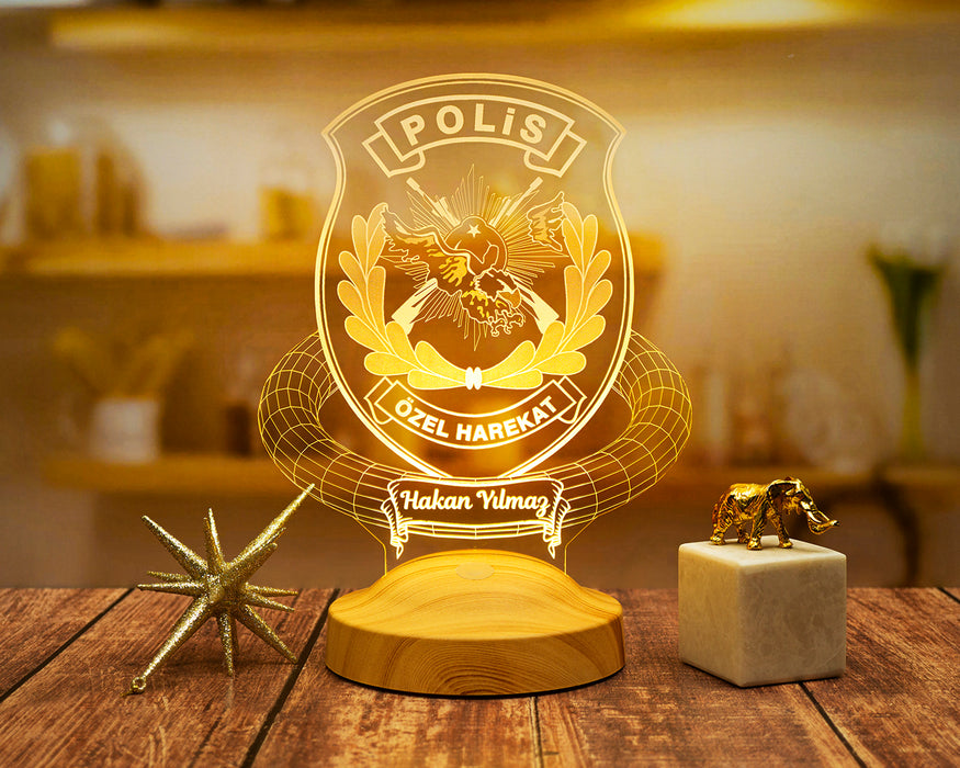Kişiye Özel Polis Temalı LED Gece Lambası - Emniyet Mensuplarına Polislere Özel Hediye -Polis Haftası Hediyesi