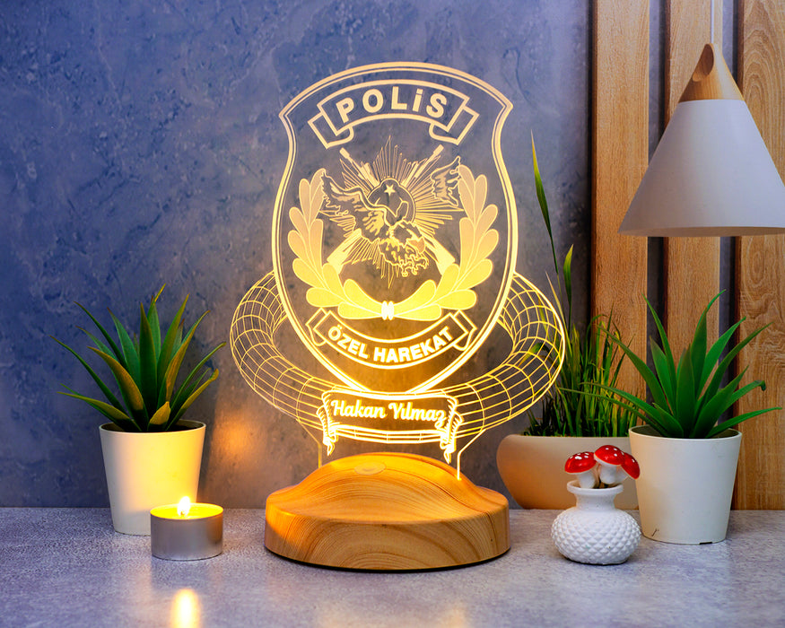 Kişiye Özel Polis Temalı LED Gece Lambası - Emniyet Mensuplarına Polislere Özel Hediye -Polis Haftası Hediyesi