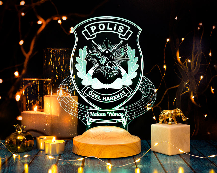 Kişiye Özel Polis Temalı LED Gece Lambası - Emniyet Mensuplarına Polislere Özel Hediye -Polis Haftası Hediyesi