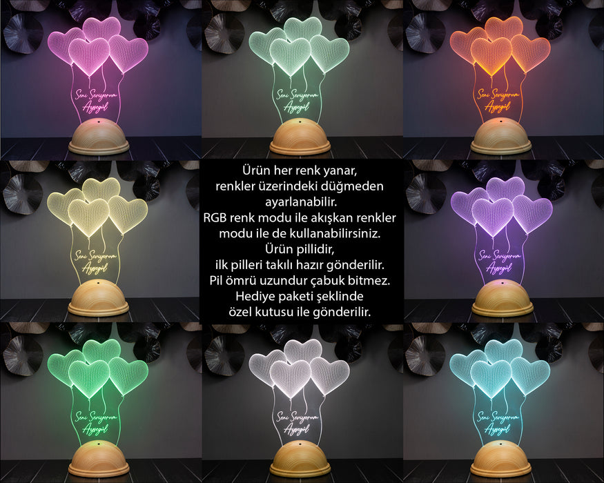 Sevgili Hediyesi Kişiye Özel 3 Boyutlu Kalpler Led Lamba