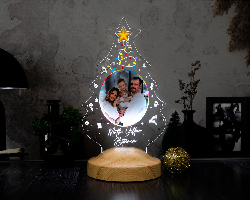 Yeni Yıl Hediyesi Renkli Baskılı Resimli Yılbaşı Çam Ağacı Kişiye Özel Gece Lambası, 3D Led Lamba, Yılbaşı Hediyesi