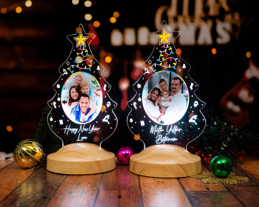 Yeni Yıl Hediyesi Renkli Baskılı Resimli Yılbaşı Çam Ağacı Kişiye Özel Gece Lambası, 3D Led Lamba, Yılbaşı Hediyesi