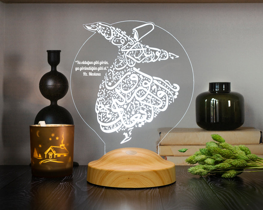 Semazen Figürlü Mevlana Sözlü 3D Lamba – Manevi Hediye Seçeneği