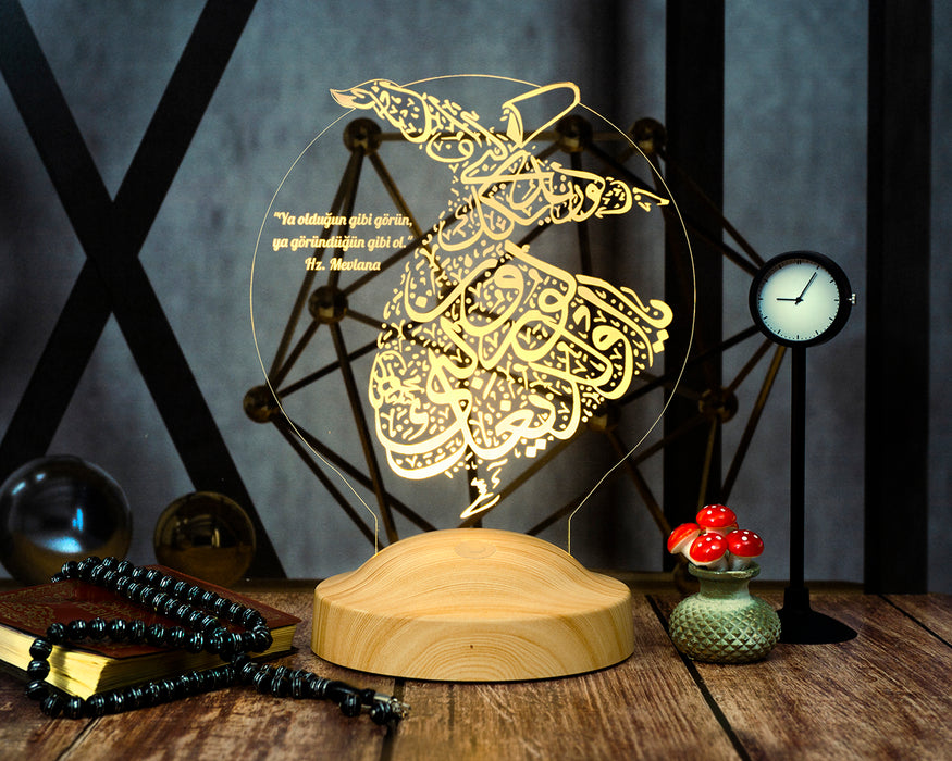 Semazen Figürlü Mevlana Sözlü 3D Lamba – Manevi Hediye Seçeneği