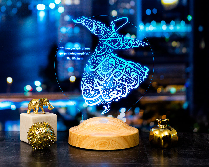 Semazen Figürlü Mevlana Sözlü 3D Lamba – Manevi Hediye Seçeneği