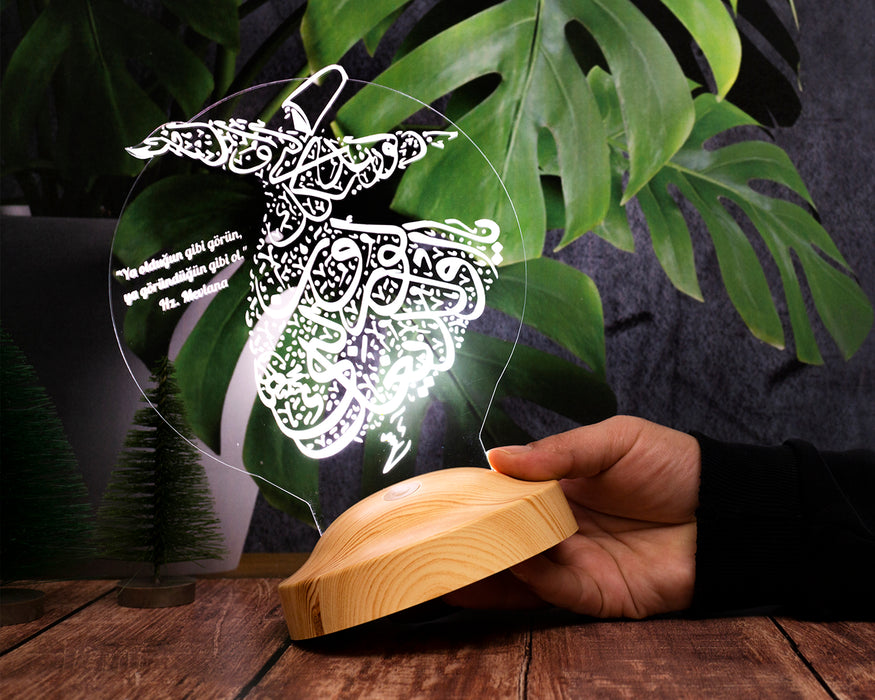 Semazen Figürlü Mevlana Sözlü 3D Lamba – Manevi Hediye Seçeneği