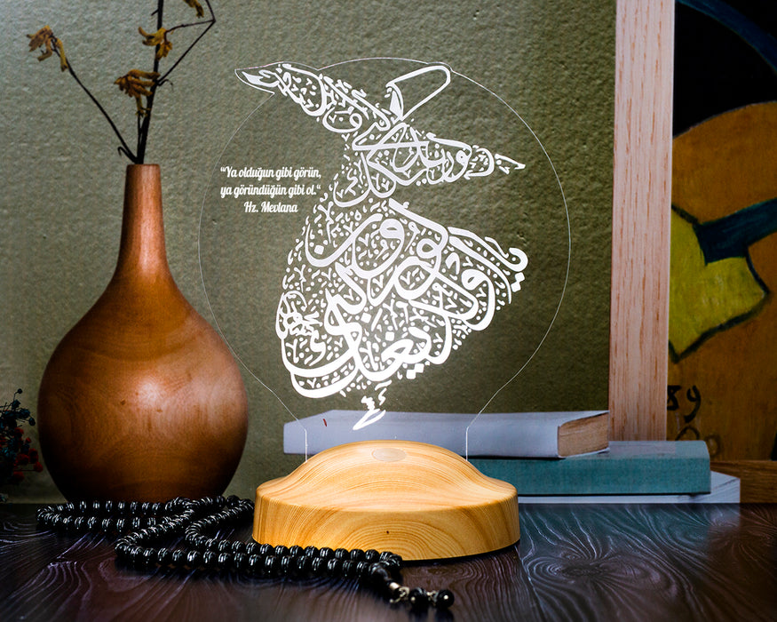 Semazen Figürlü Mevlana Sözlü 3D Lamba – Manevi Hediye Seçeneği