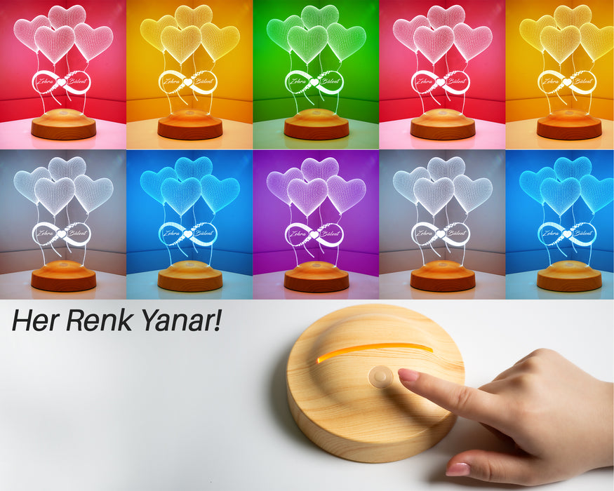 Sevgiliye Hediye, Sonsuz Aşk, Kalpler ve Sonsuzluk Hediyesi, İsimli 3 Boyutlu Led Lamba