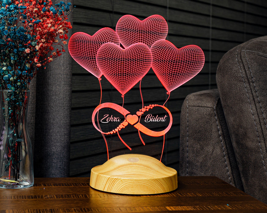 Sevgiliye Hediye, Sonsuz Aşk, Kalpler ve Sonsuzluk Hediyesi, İsimli 3 Boyutlu Led Lamba