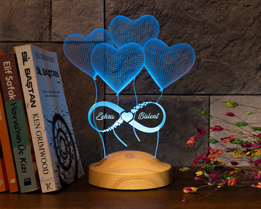 Sevgiliye Hediye, Sonsuz Aşk, Kalpler ve Sonsuzluk Hediyesi, İsimli 3 Boyutlu Led Lamba