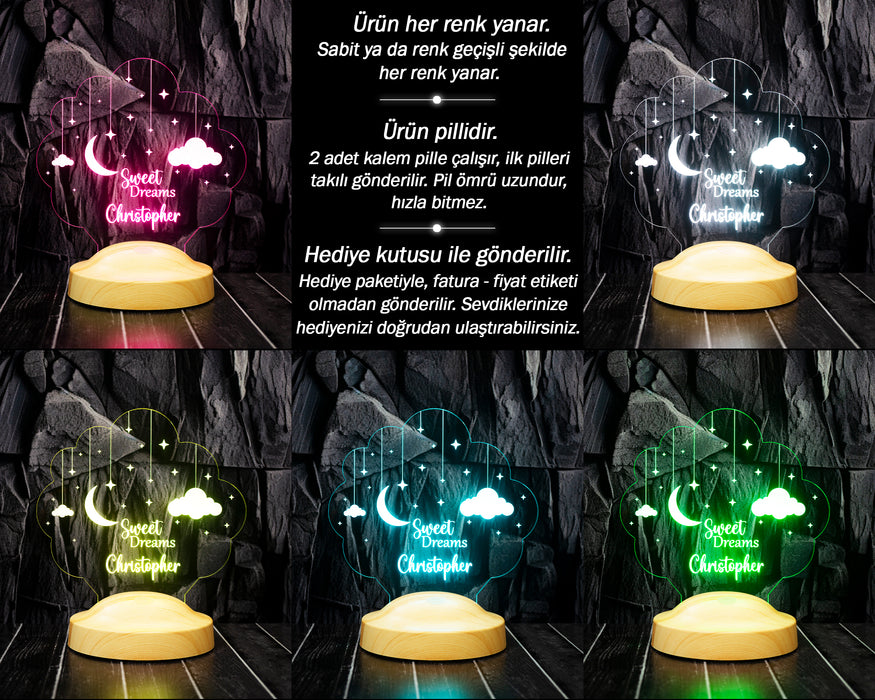Ay ve Yıldız LED Lamba – İyi Geceler Yazılı Çocuk - Bebek Hediyesi