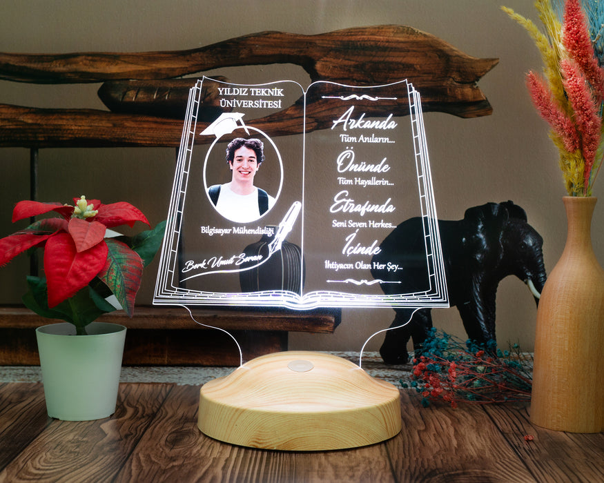 Fotoğraflı Mezuniyet Hediyesi LED Kitap Lamba / Kişiye Özel Resimli Kitap Mezuniyet Hediyesi / Okul Mezuniyetine Özel Fotoğraflı Hediye