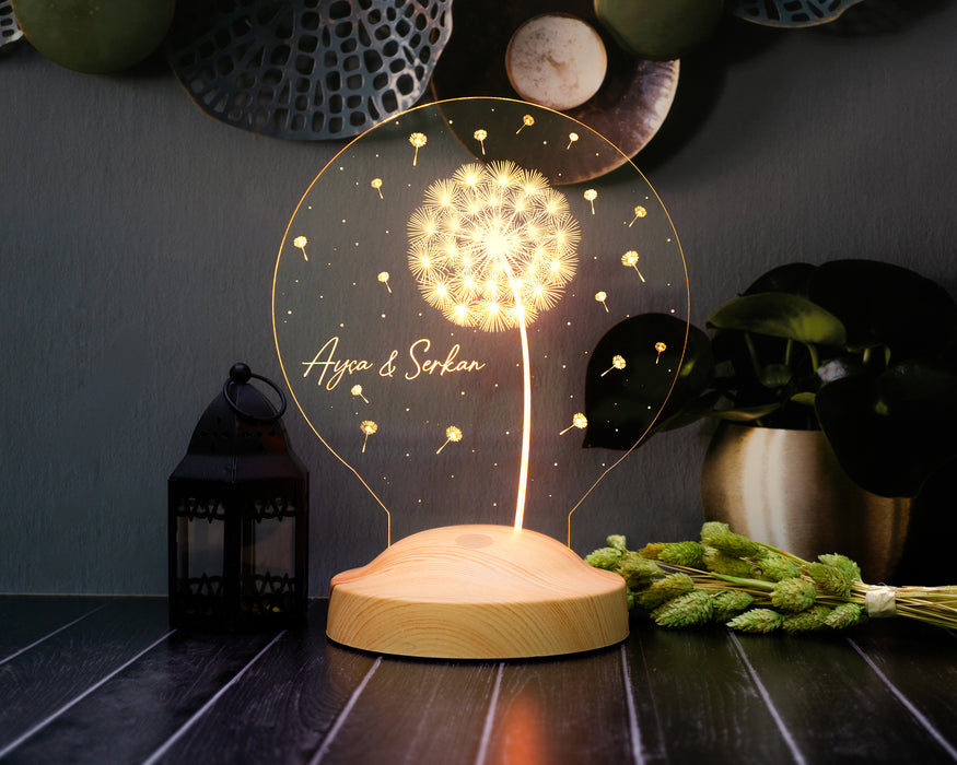 Karahindiba Led Gece Lambası, Kişiye Özel Tasarımlı - İsimli Sevgiliye, Eşe, Arkadaşa Hediye