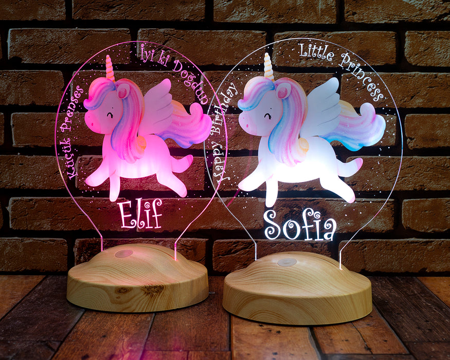 Unicorn Renkli Tek Boynuzlu At İsimli Kız Çocuk Odası Hediyesi Led Lamba, Unicorn Doğum Günü Parti Hediyesi