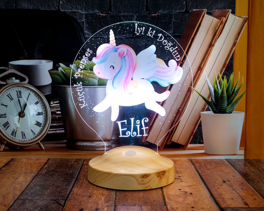 Unicorn Renkli Tek Boynuzlu At İsimli Kız Çocuk Odası Hediyesi Led Lamba, Unicorn Doğum Günü Parti Hediyesi