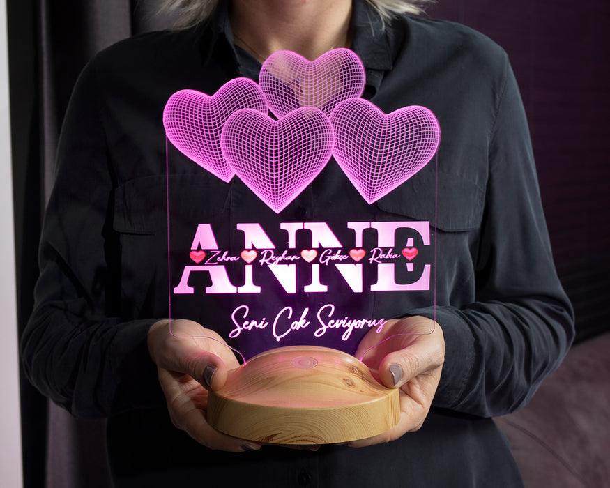 Anneler Günü Hediyesi, Anneye Hediye Kalpli Renkli İsim Yazılı Kişiye Özel 3D Led Lamba