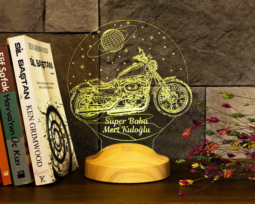 Babalar Günü Hediyesi, Süper Baba, Chopper Motorsiklet, Motor Hayranı Babaya Hediye 3 Boyutlu, 3D Led Lamba
