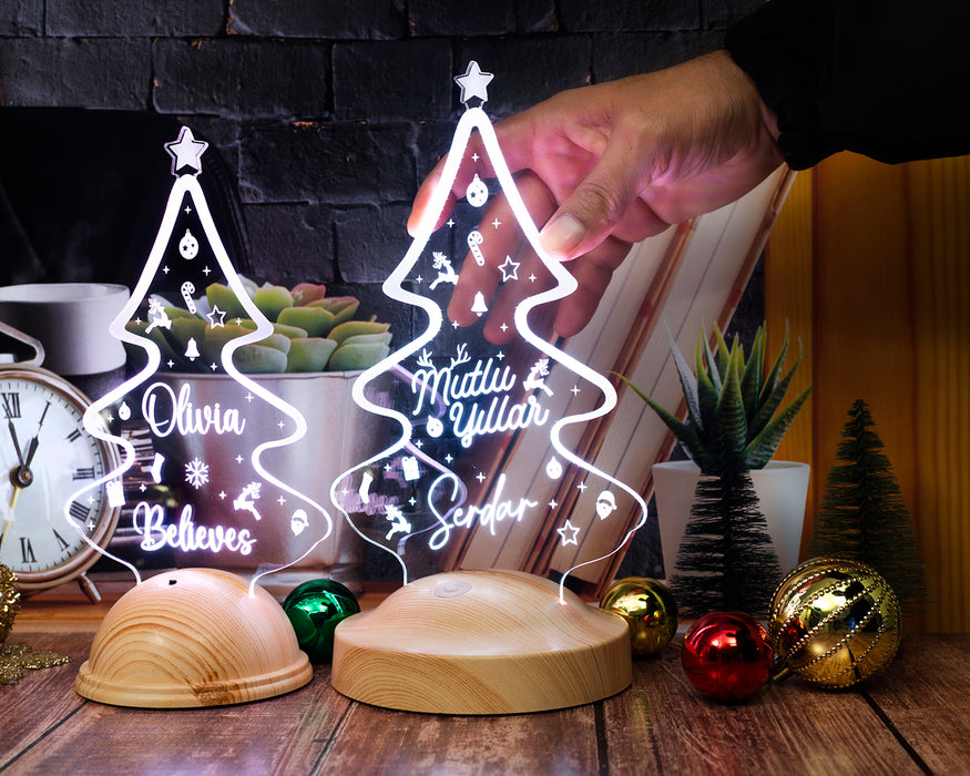 Yılbaşı Çam Ağacı Temalı LED Lamba – Kişiye Özel Yeni Yıl Hediyesi
