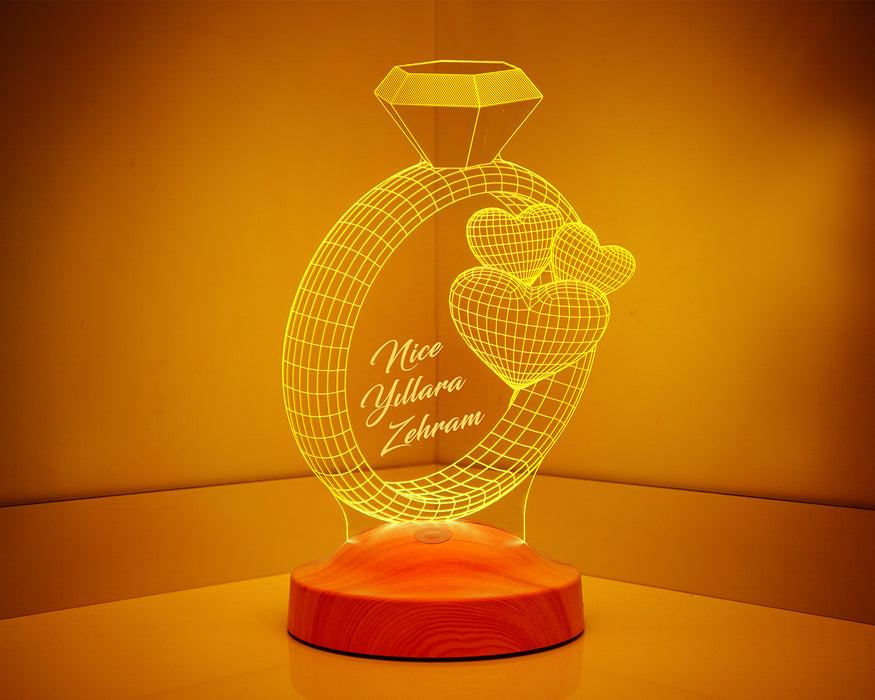 Sevgiliye Hediye 3 Boyutlu Yüzük Ve Kalpler Led Lamba