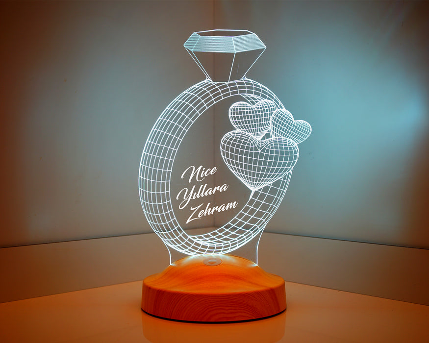 Sevgiliye Hediye 3 Boyutlu Yüzük Ve Kalpler Led Lamba