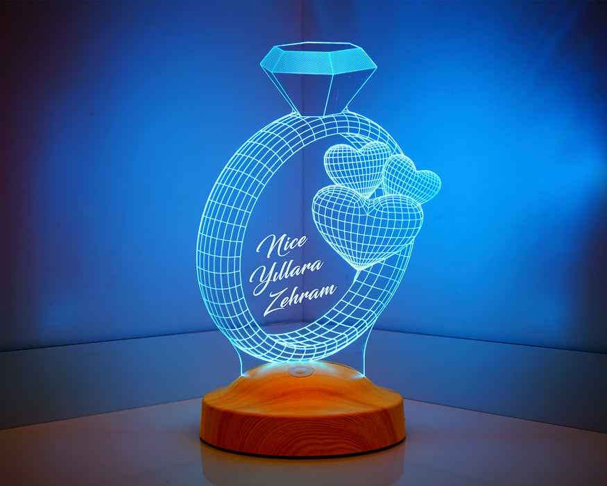 Sevgiliye Hediye 3 Boyutlu Yüzük Ve Kalpler Led Lamba